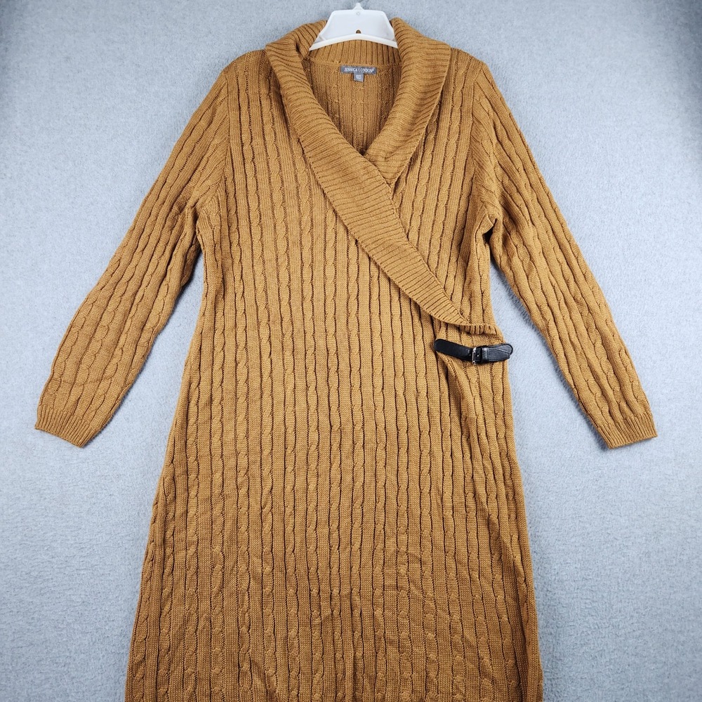 Jessica London Sweater Wrap Dress Womens 18/20 Yellow Cable Knit Buckle Classic